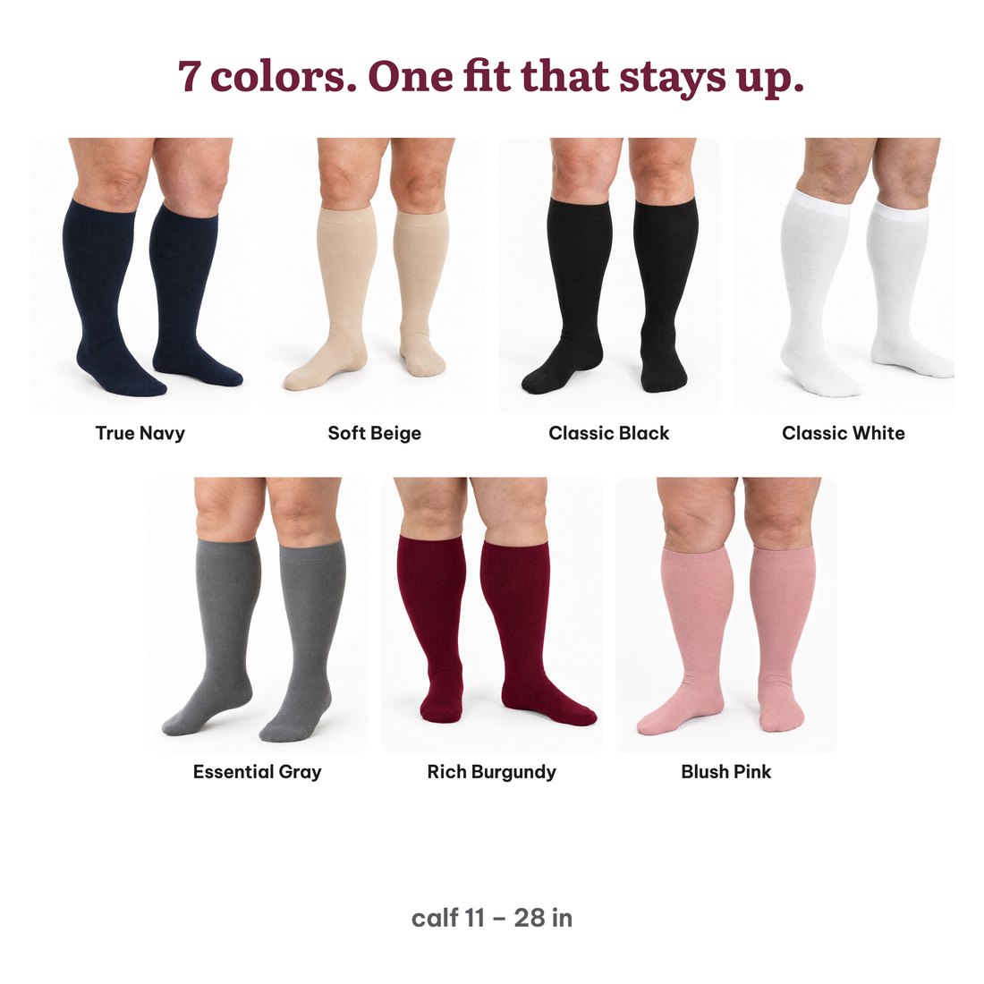 Comfyso Premium Bamboo Wide Compression Socks displayed in all 7 everyday colors, including Rich Burgundy, Blush Pink, True Navy, and Soft Beige.