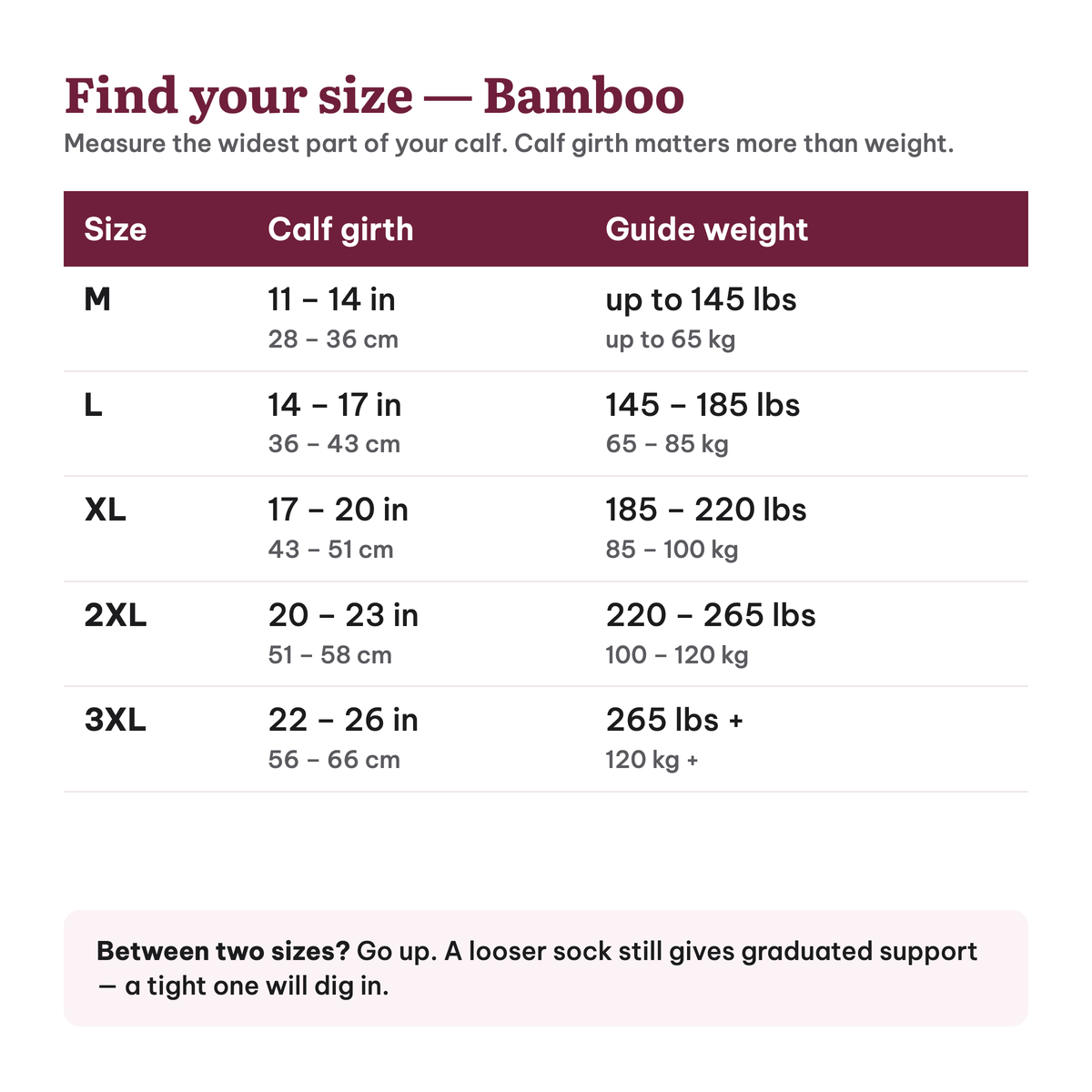 Bamboo Wide Compression Socks – sizechart