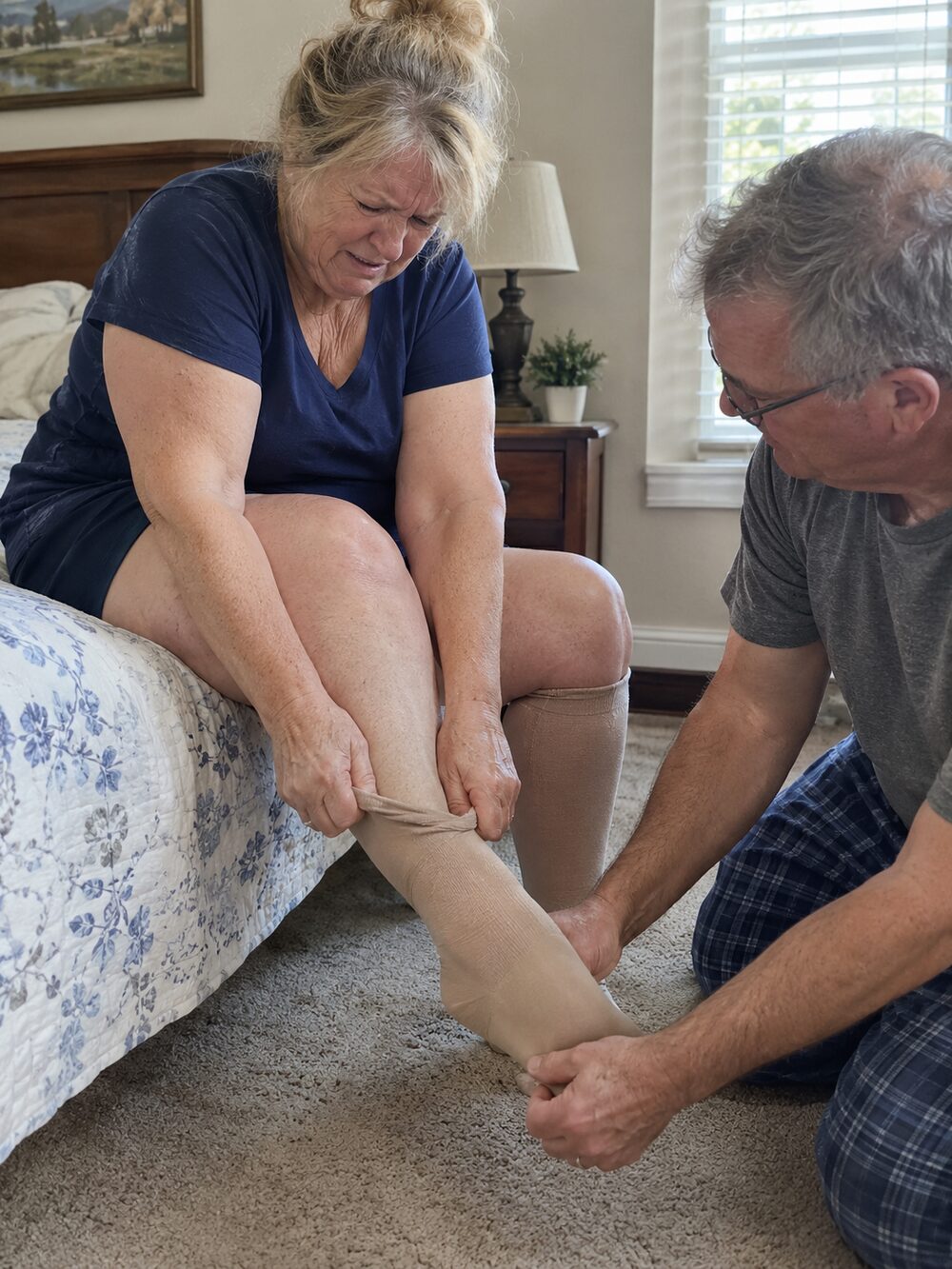 Ten minutes bent over the bed, or waiting for your husband or daughter to pull them on.