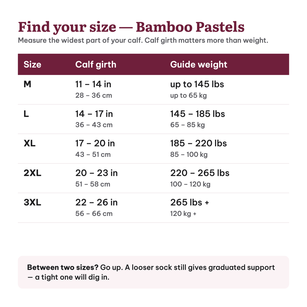 Bamboo Wide Compression Socks (Pastels) – sizechart