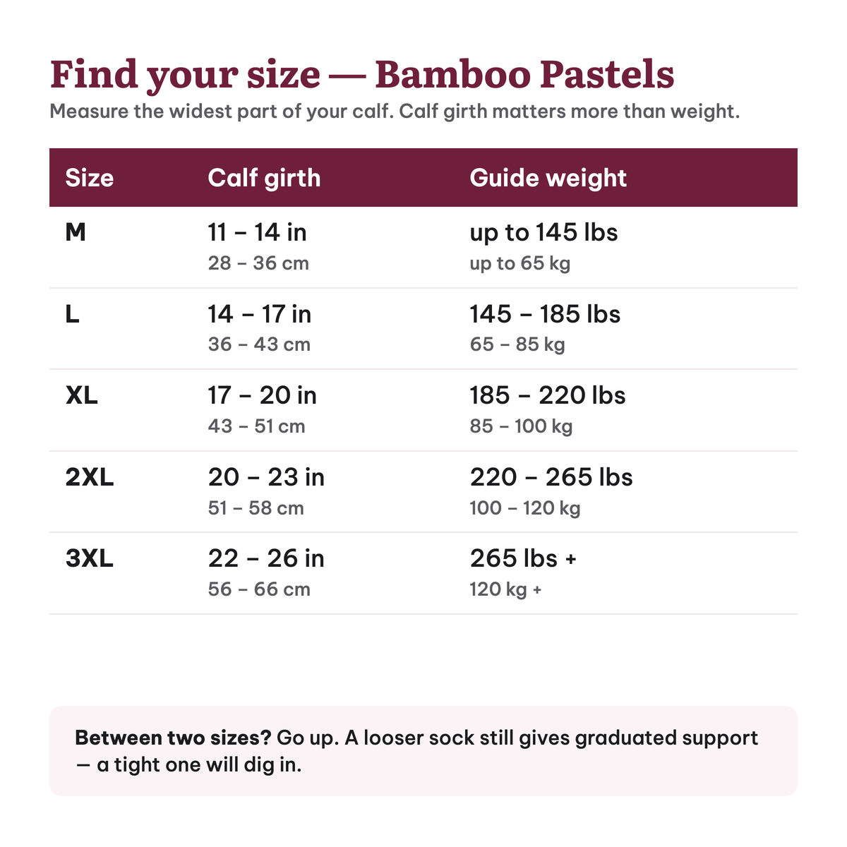 Bamboo Wide Compression Socks (Pastels) – sizechart