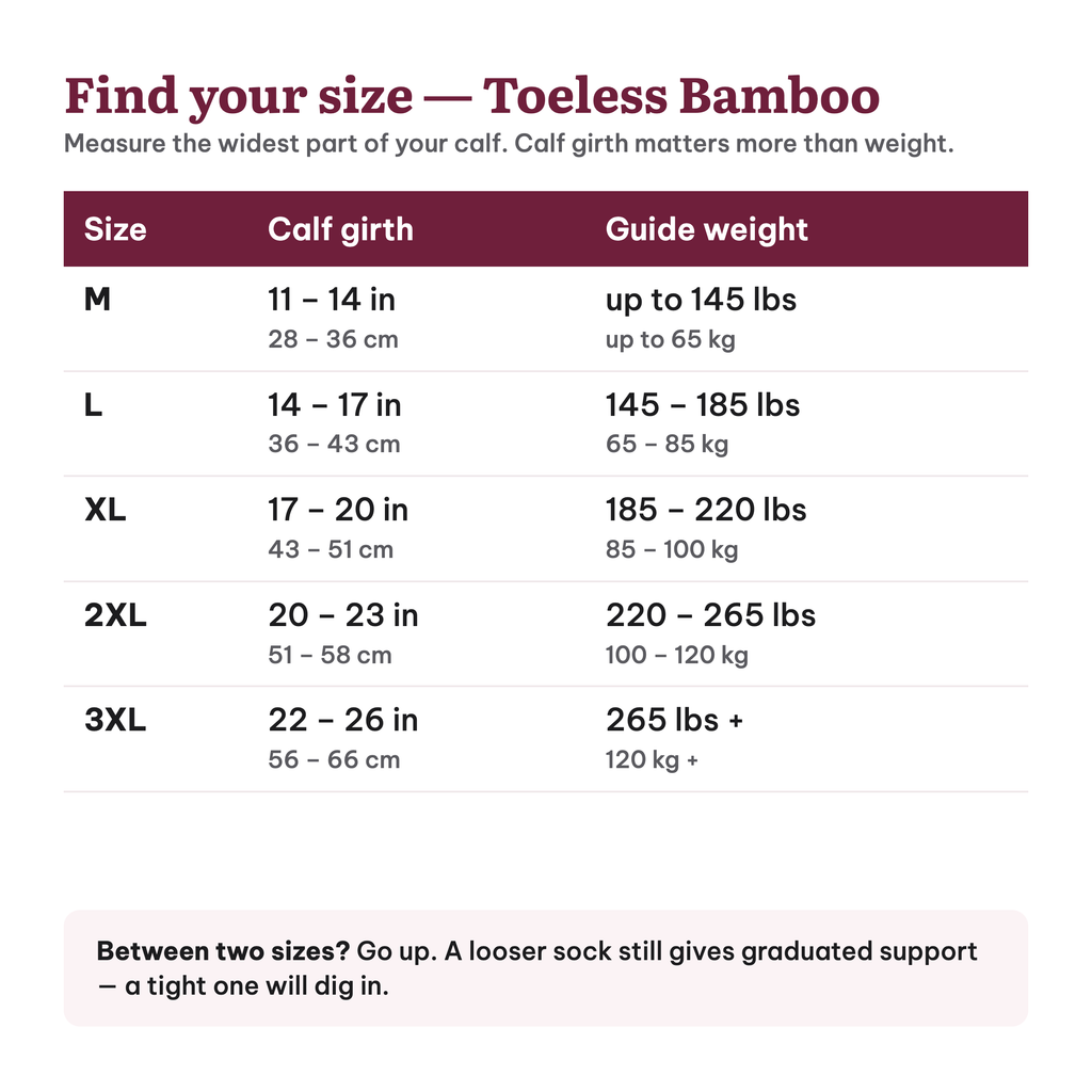 Toeless Bamboo Wide Compression Socks – sizechart